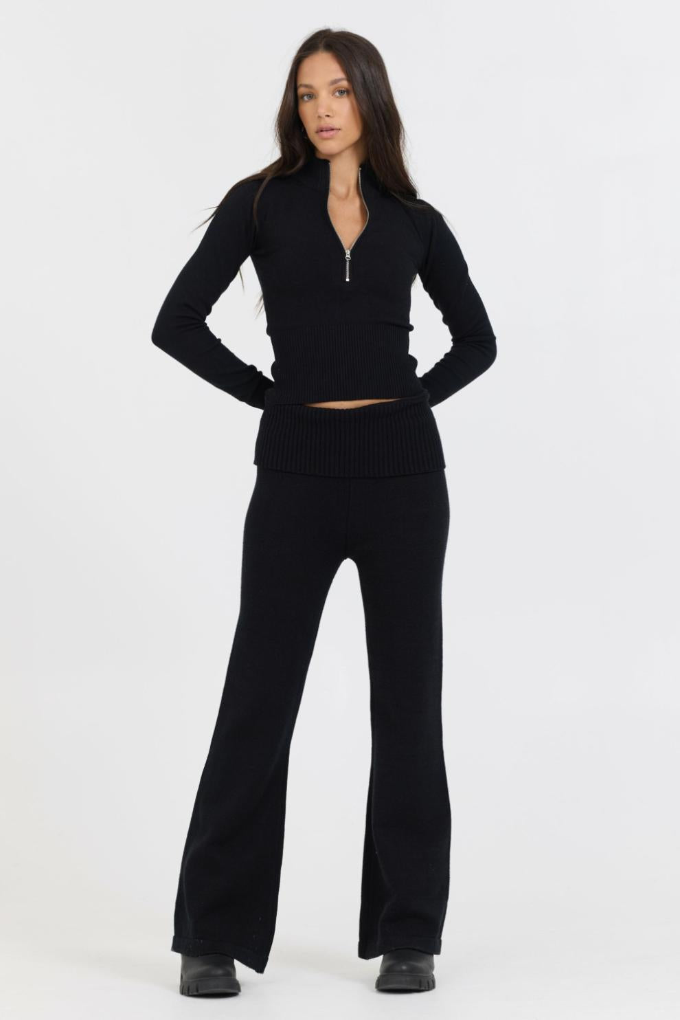 Vintage Havana Wide Leg Pants | Women Black Slim Fit Knit Fold Over Flare Pant Black