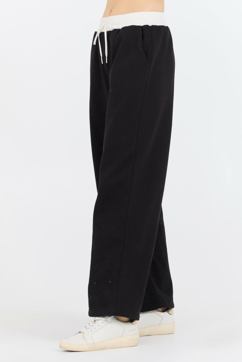 Vintage Havana Wide Leg Pants | Women Black/ White Essential Fleece Pant W/ Poplin Waist Black