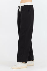 Vintage Havana Wide Leg Pants | Women Black/ White Essential Fleece Pant W/ Poplin Waist Black