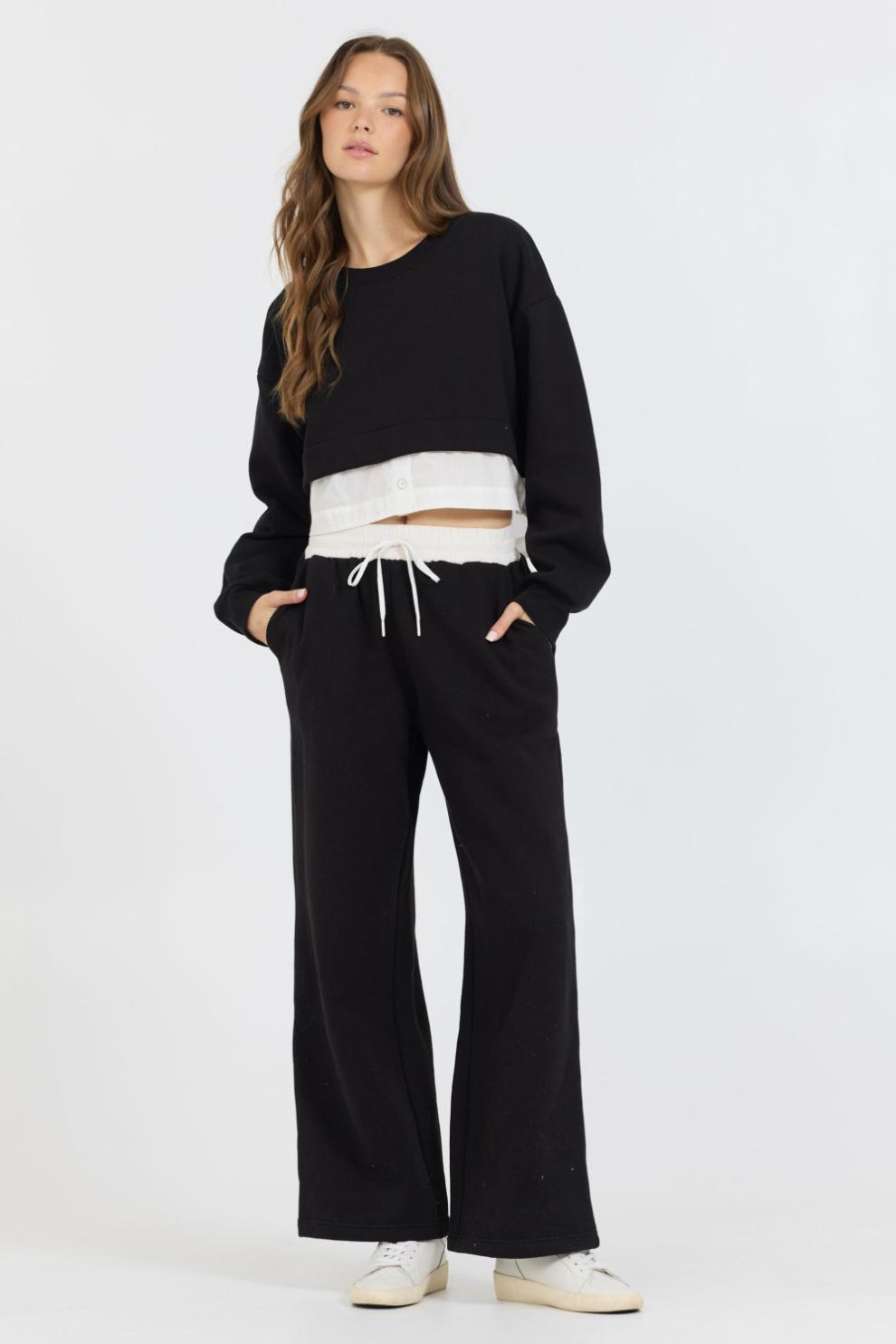 Vintage Havana Wide Leg Pants | Women Black/ White Essential Fleece Pant W/ Poplin Waist Black