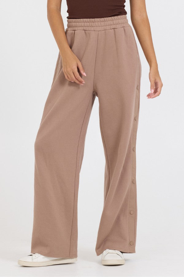 Vintage Havana Wide Leg Pants | Women Caramel Latte Brushed Fleece Snap Pant Caramel