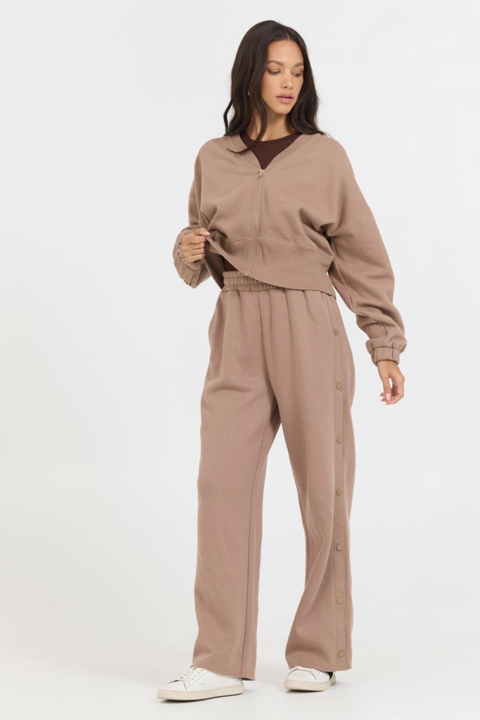 Vintage Havana Wide Leg Pants | Women Caramel Latte Brushed Fleece Snap Pant Caramel
