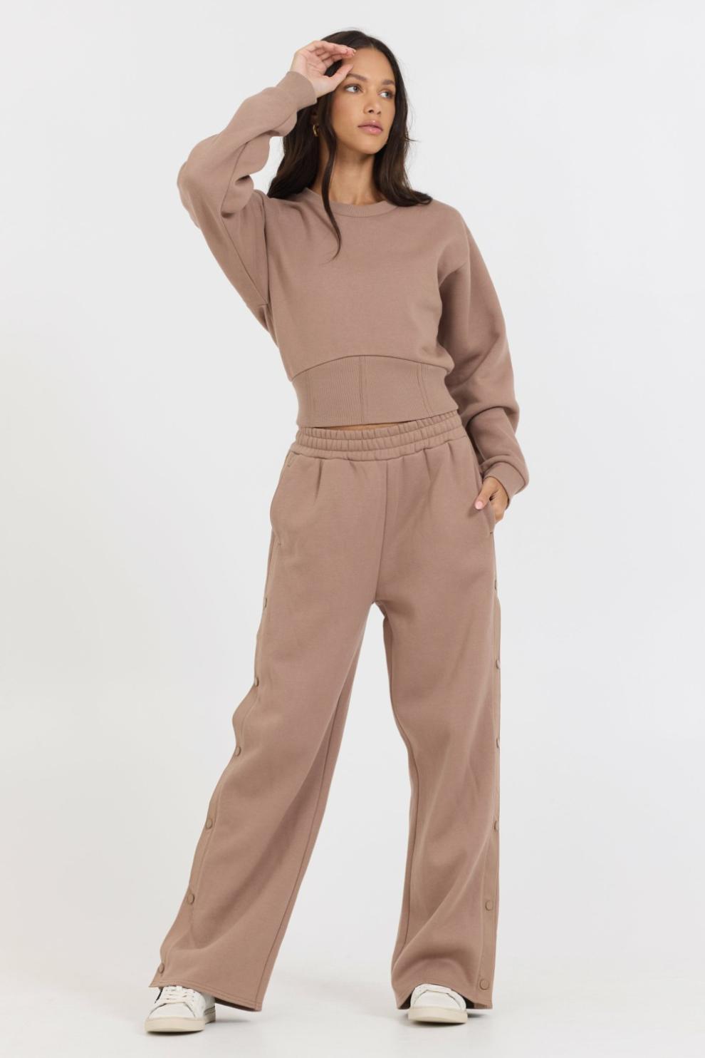 Vintage Havana Wide Leg Pants | Women Caramel Latte Brushed Fleece Snap Pant Caramel