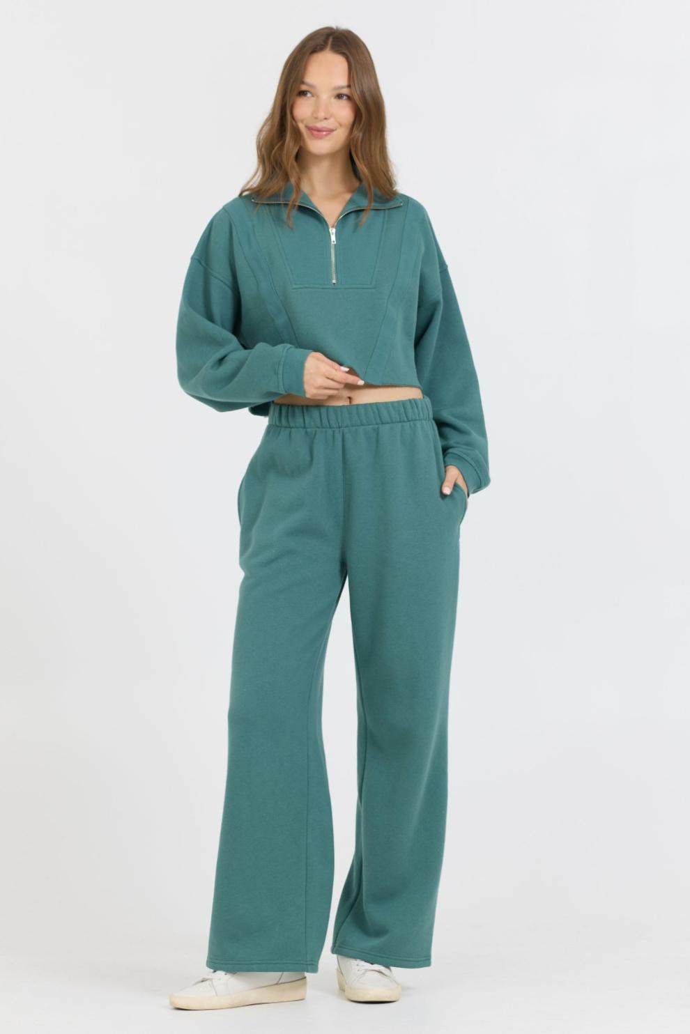Vintage Havana Wide Leg Pants | Women College Green Cotton Blend Fleece Wide Leg Pant Green