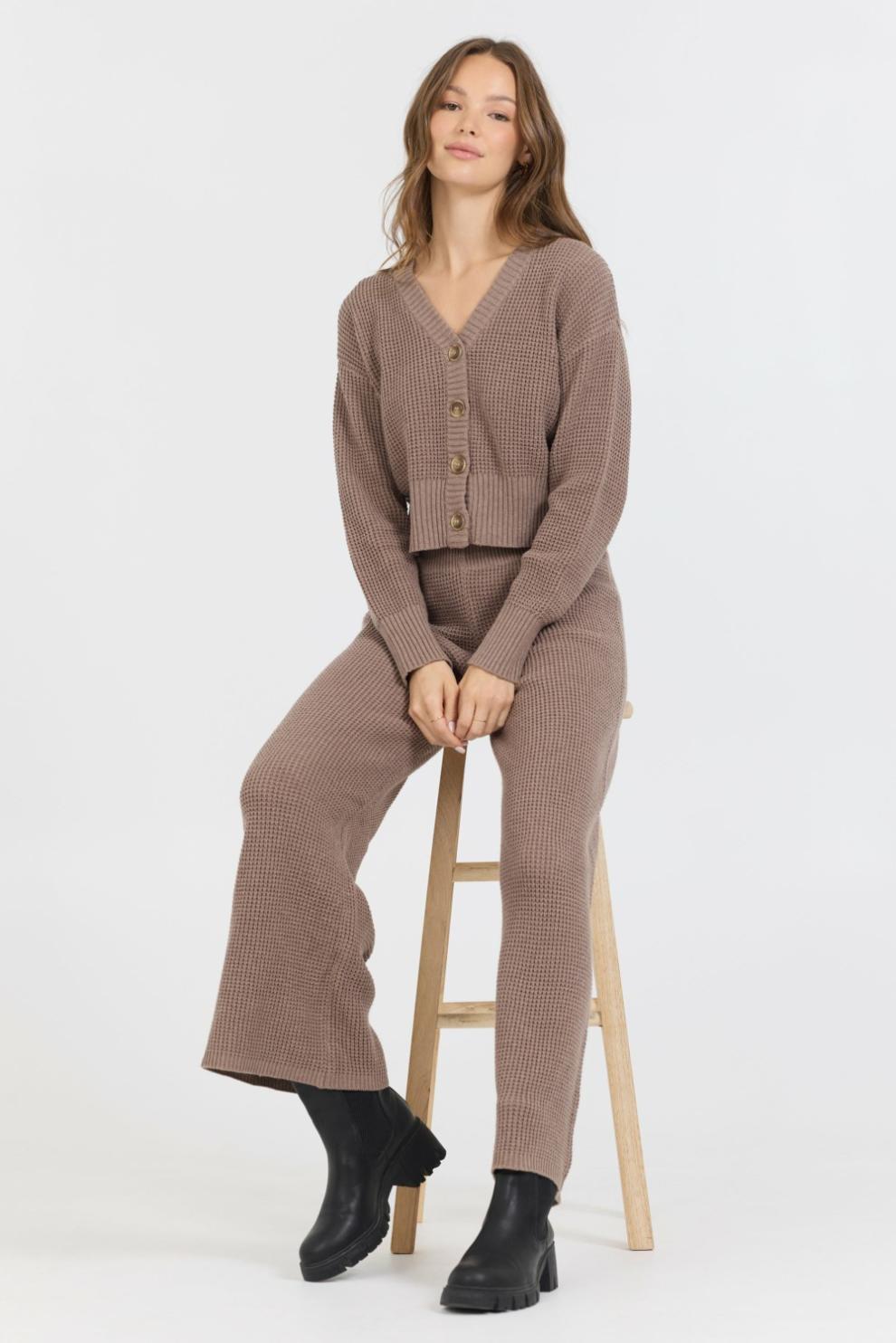 Vintage Havana Wide Leg Pants | Women Heather Brown Waffle Knit Flare Pant Brown