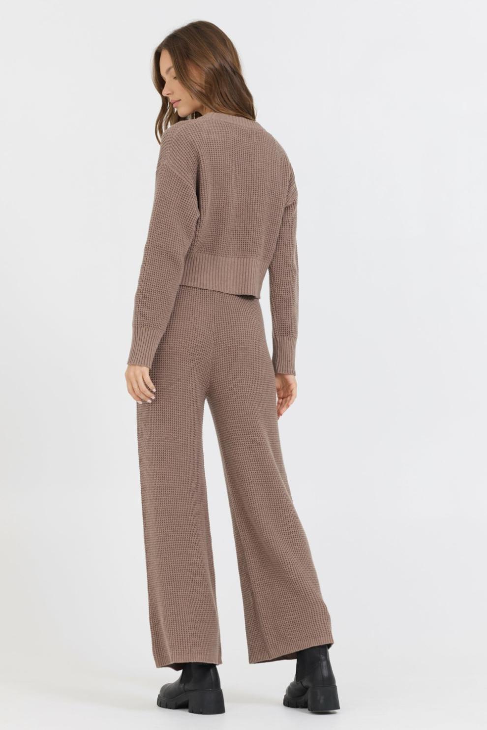 Vintage Havana Wide Leg Pants | Women Heather Brown Waffle Knit Flare Pant Brown