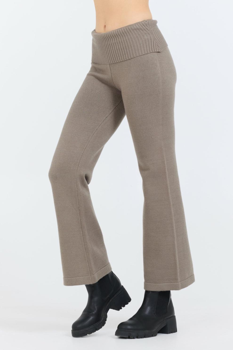 Vintage Havana Wide Leg Pants | Women Olive Grey Slim Fit Knit Fold Over Flare Pant Grey