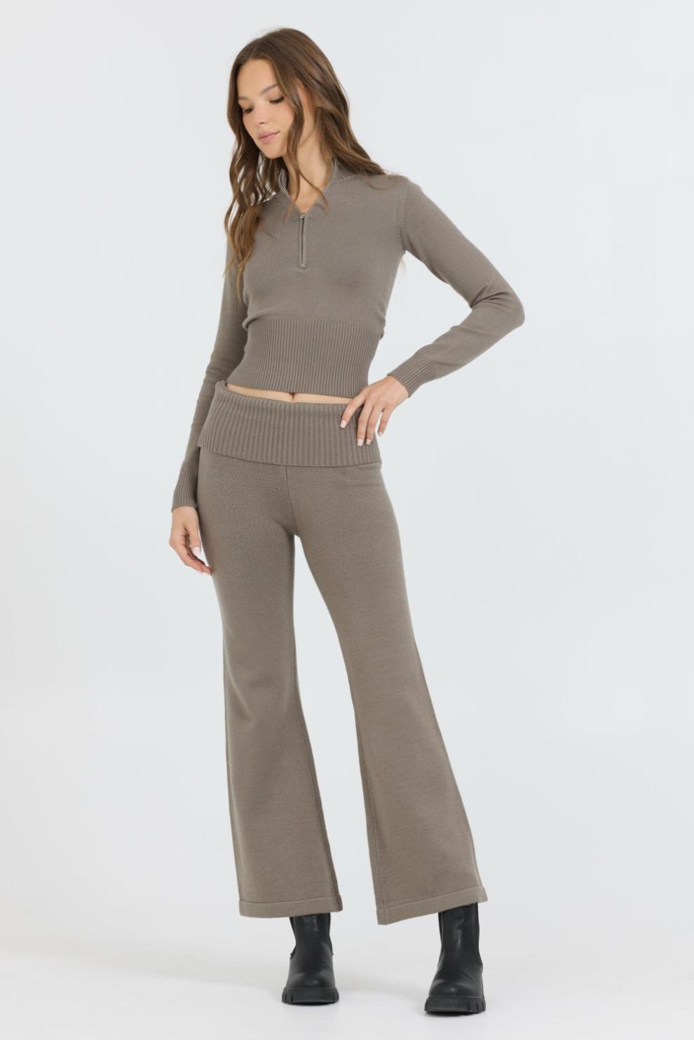 Vintage Havana Wide Leg Pants | Women Olive Grey Slim Fit Knit Fold Over Flare Pant Grey