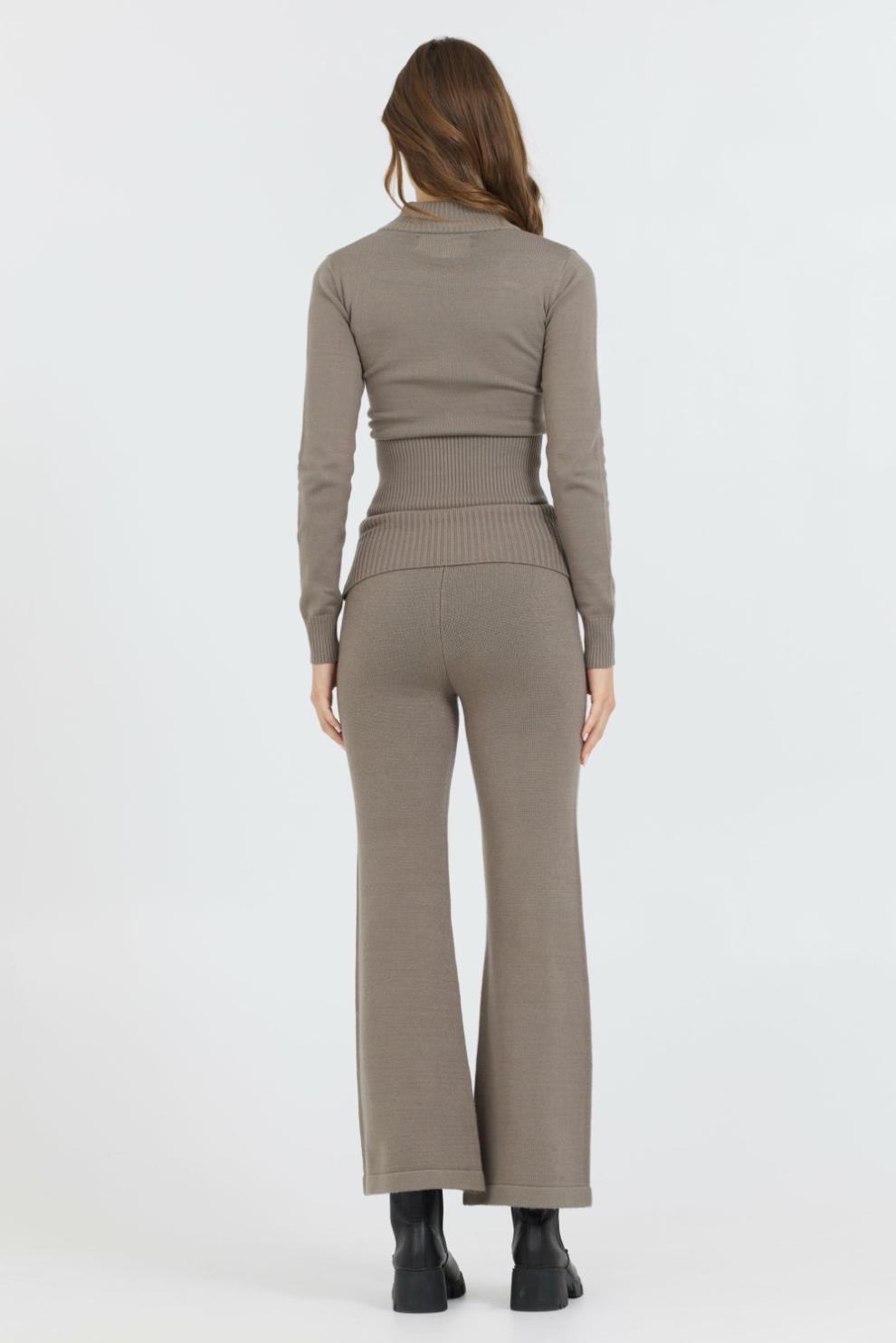 Vintage Havana Wide Leg Pants | Women Olive Grey Slim Fit Knit Fold Over Flare Pant Grey