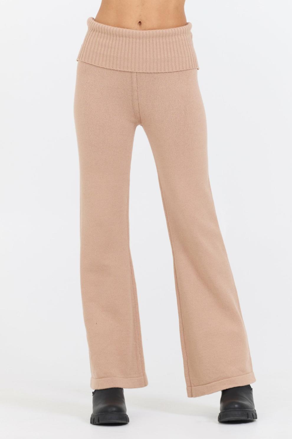 Vintage Havana Wide Leg Pants | Women Salted Caramel Slim Fit Knit Fold Over Flare Pant Caramel