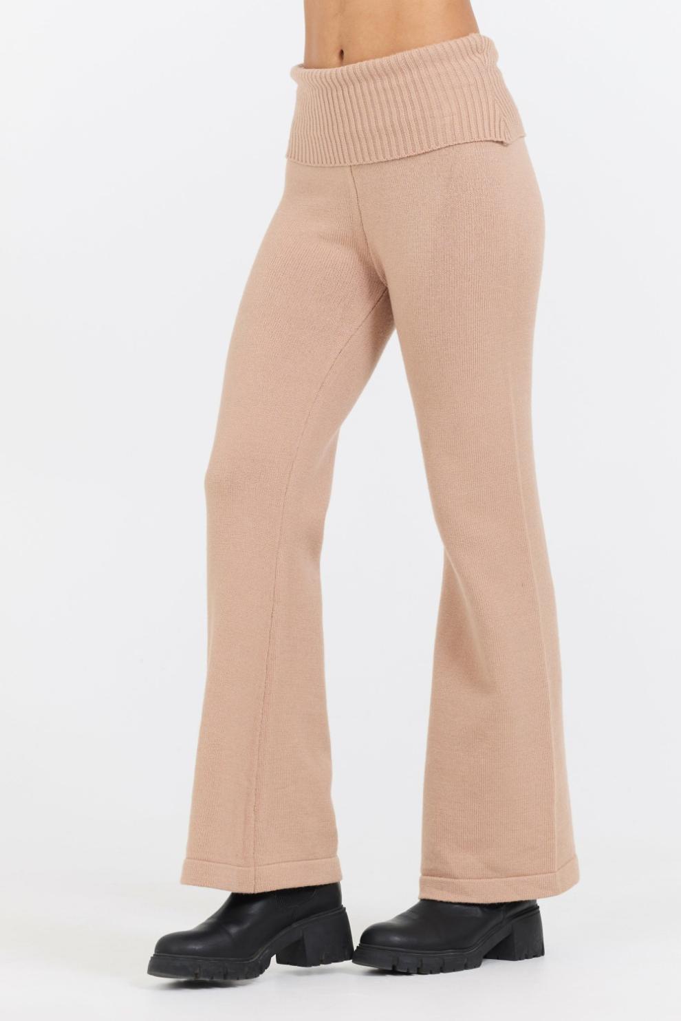 Vintage Havana Wide Leg Pants | Women Salted Caramel Slim Fit Knit Fold Over Flare Pant Caramel