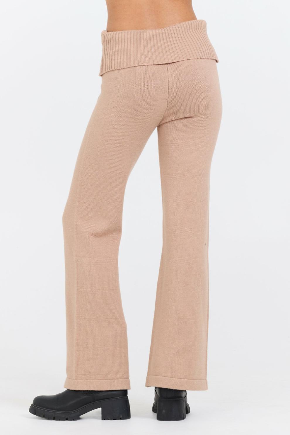 Vintage Havana Wide Leg Pants | Women Salted Caramel Slim Fit Knit Fold Over Flare Pant Caramel