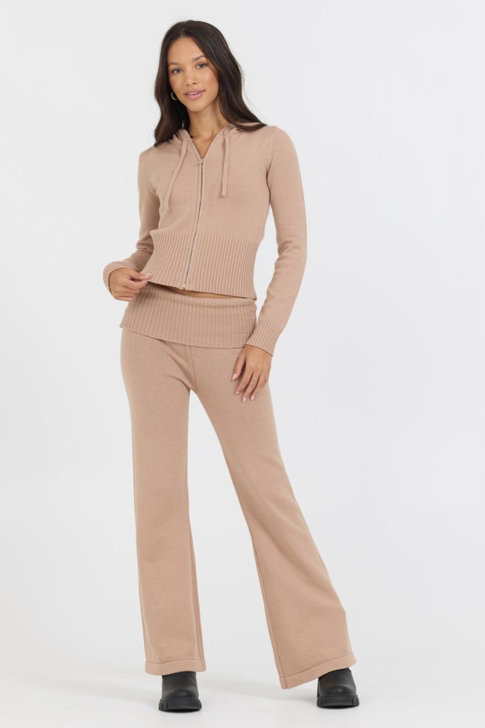 Vintage Havana Wide Leg Pants | Women Salted Caramel Slim Fit Knit Fold Over Flare Pant Caramel