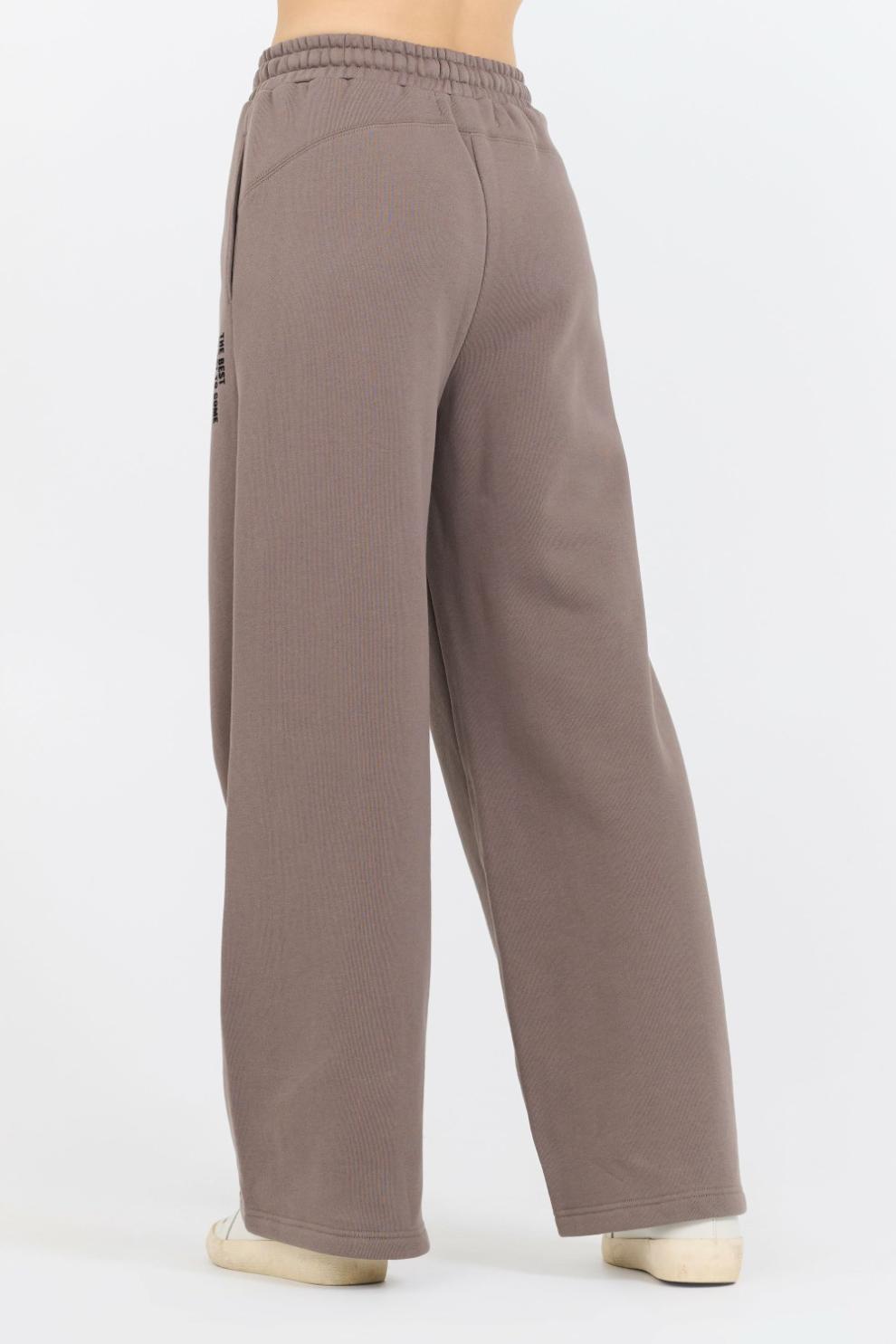 Vintage Havana Wide Leg Pants | Women Taupe Grey Fleece Flare Pant W/ Flocking Details Taupe Grey