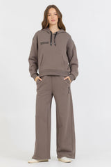 Vintage Havana Wide Leg Pants | Women Taupe Grey Fleece Flare Pant W/ Flocking Details Taupe Grey