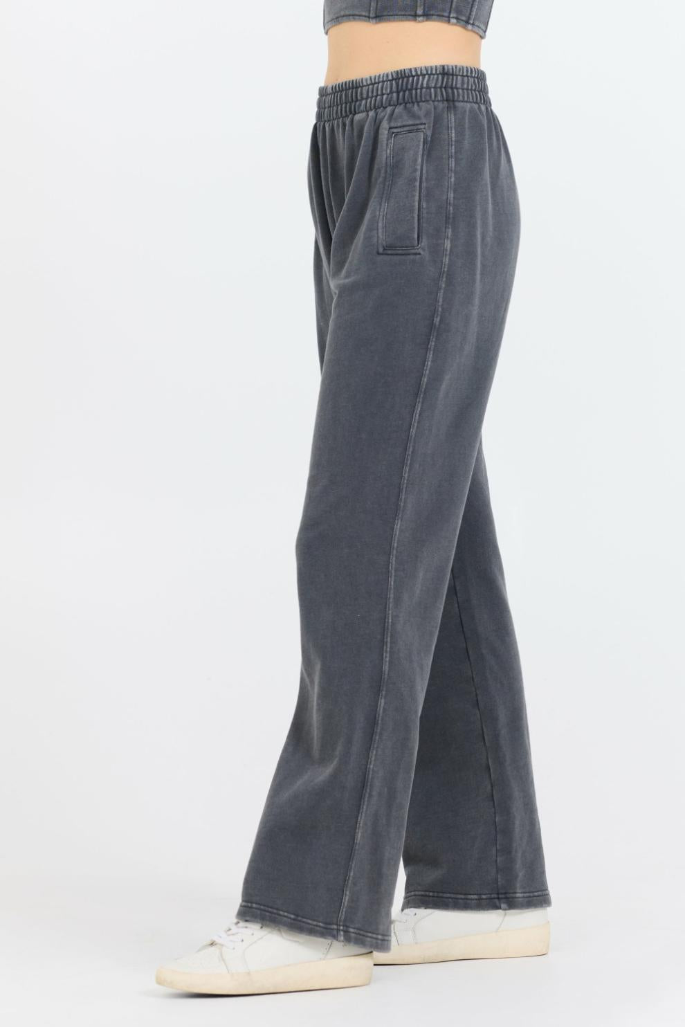 Vintage Havana Wide Leg Pants | Women Washed Charcoal Garment Dye French Terry Flare Pant Charcoal