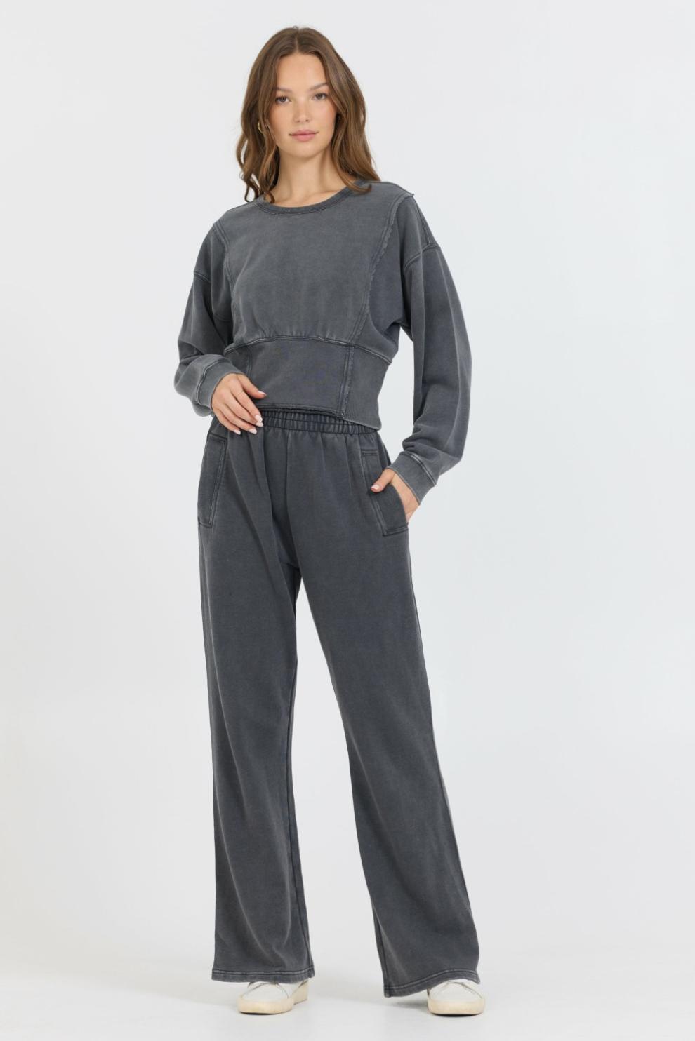 Vintage Havana Wide Leg Pants | Women Washed Charcoal Garment Dye French Terry Flare Pant Charcoal