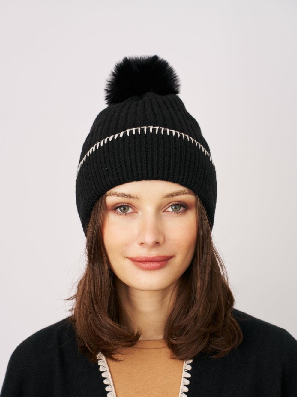 Vintage Havana Winter Hats | Women RIBBED POMPOM BEANIE - BLACK/IVORY Black/ivory