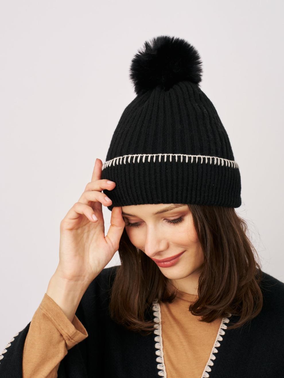 Vintage Havana Winter Hats | Women RIBBED POMPOM BEANIE - BLACK/IVORY Black/ivory