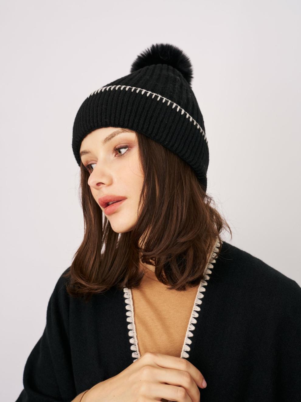 Vintage Havana Winter Hats | Women RIBBED POMPOM BEANIE - BLACK/IVORY Black/ivory