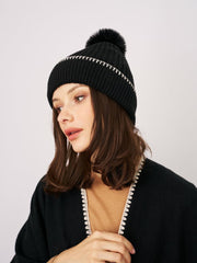 Vintage Havana Winter Hats | Women RIBBED POMPOM BEANIE - BLACK/IVORY Black/ivory