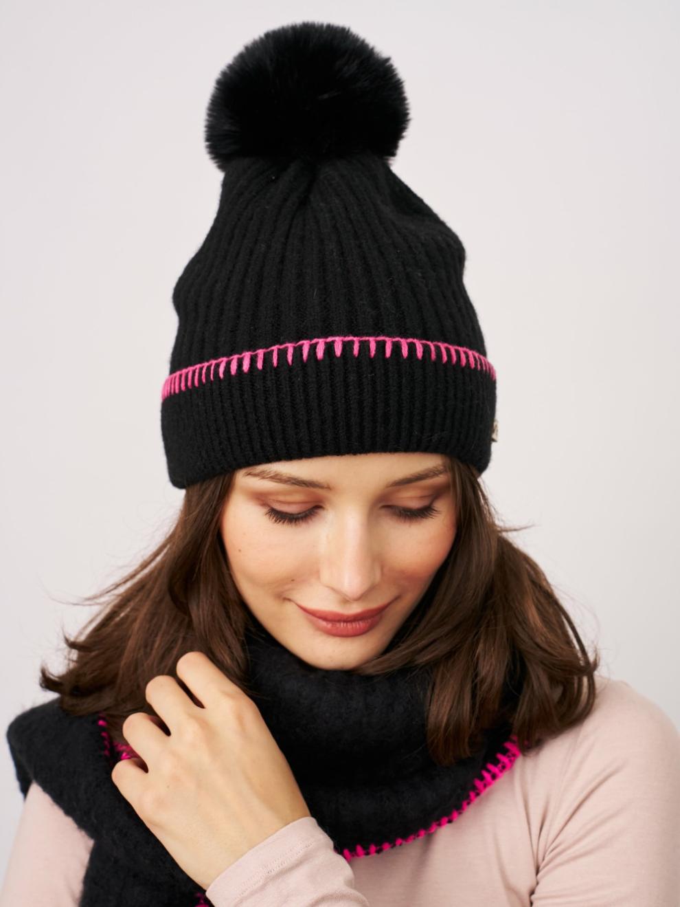 Vintage Havana Winter Hats | Women RIBBED POMPOM BEANIE - BLACK/PINK Black/pink