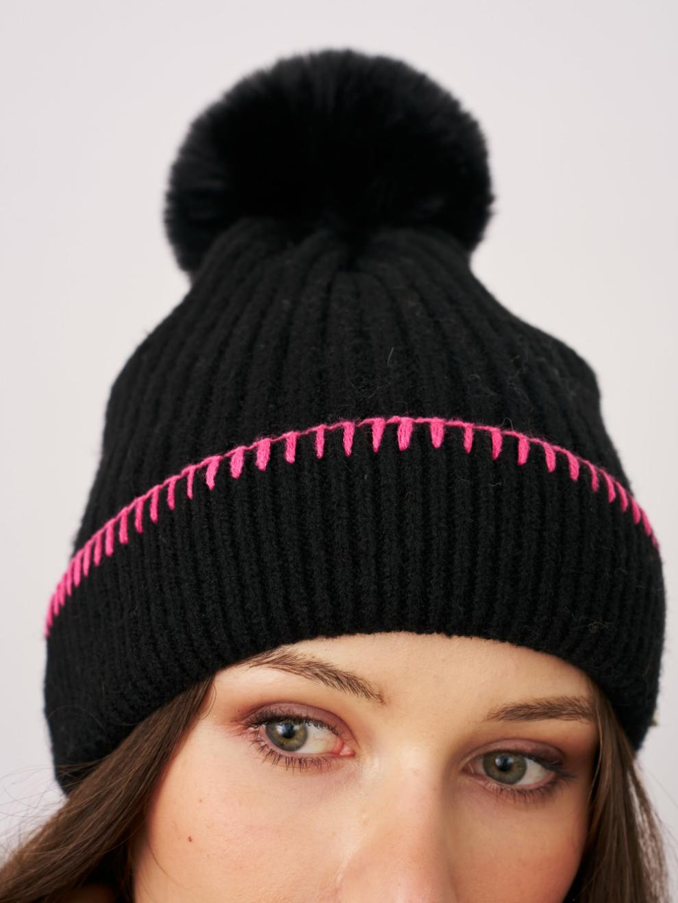Vintage Havana Winter Hats | Women RIBBED POMPOM BEANIE - BLACK/PINK Black/pink