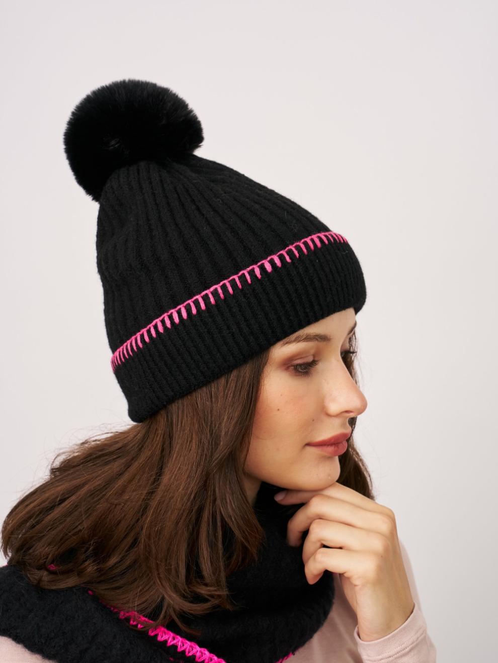 Vintage Havana Winter Hats | Women RIBBED POMPOM BEANIE - BLACK/PINK Black/pink