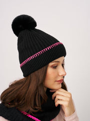 Vintage Havana Winter Hats | Women RIBBED POMPOM BEANIE - BLACK/PINK Black/pink