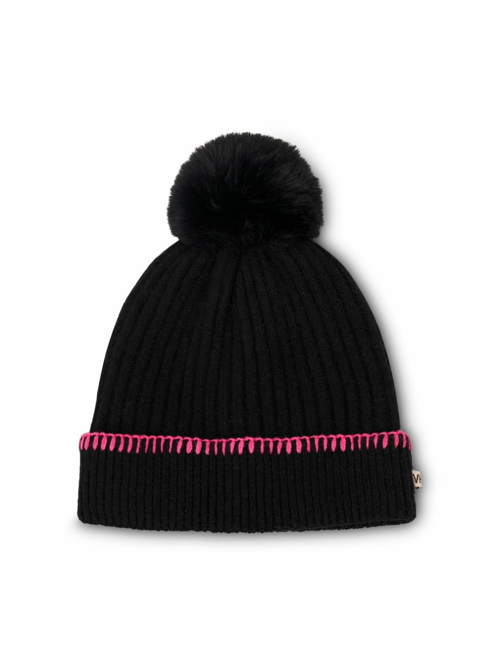 Vintage Havana Winter Hats | Women RIBBED POMPOM BEANIE - BLACK/PINK Black/pink