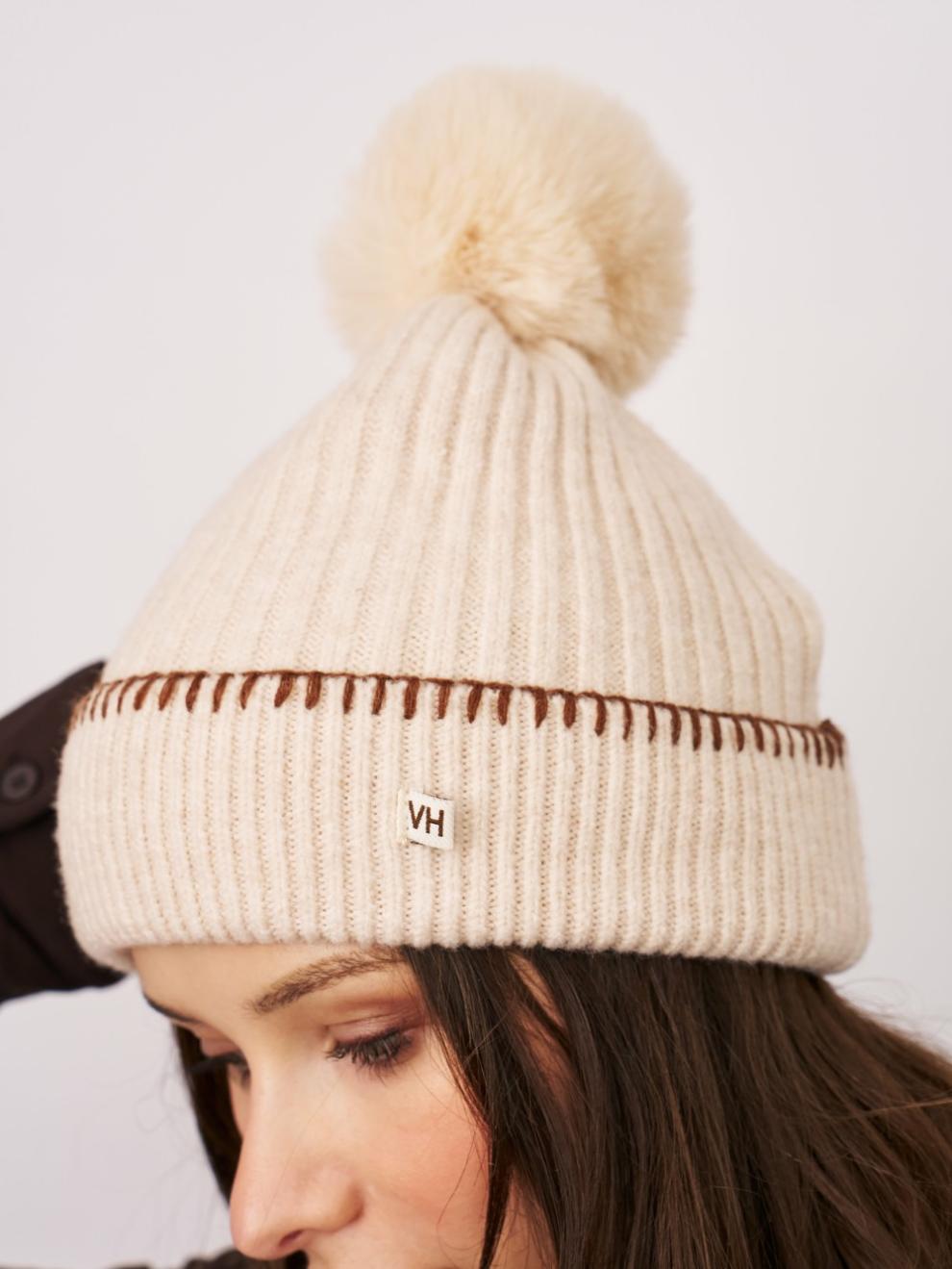 Vintage Havana Winter Hats | Women RIBBED POMPOM BEANIE - IVORY/TAN Ivory/tan
