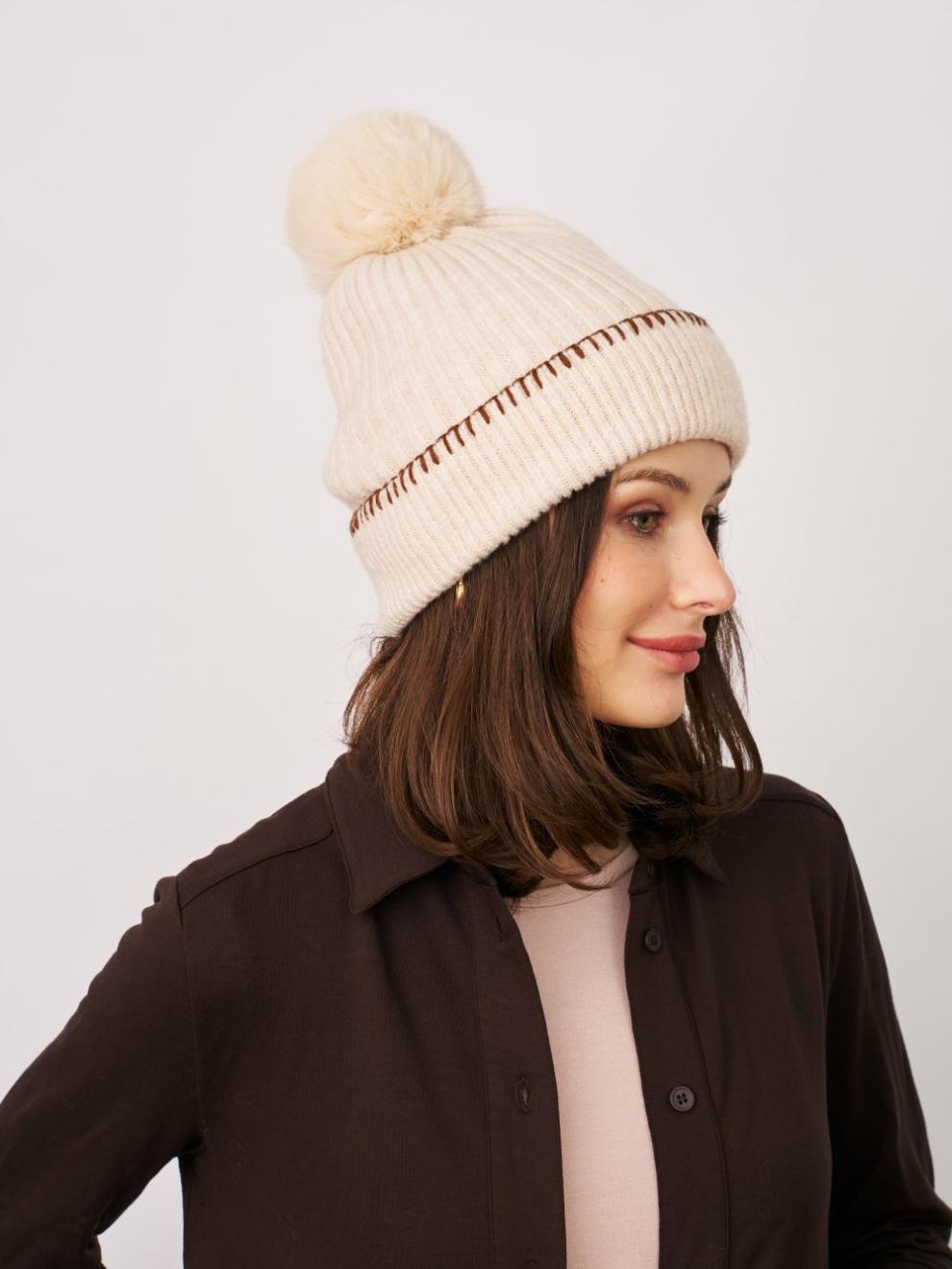 Vintage Havana Winter Hats | Women RIBBED POMPOM BEANIE - IVORY/TAN Ivory/tan