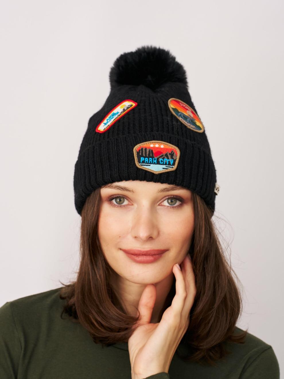 Vintage Havana Winter Hats | Women RIBBED POMPOM BEANIE WITH LAKE TAHOE PATCH - BLACK Black