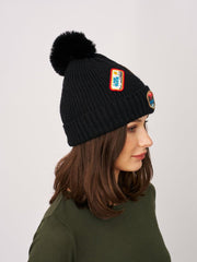 Vintage Havana Winter Hats | Women RIBBED POMPOM BEANIE WITH LAKE TAHOE PATCH - BLACK Black