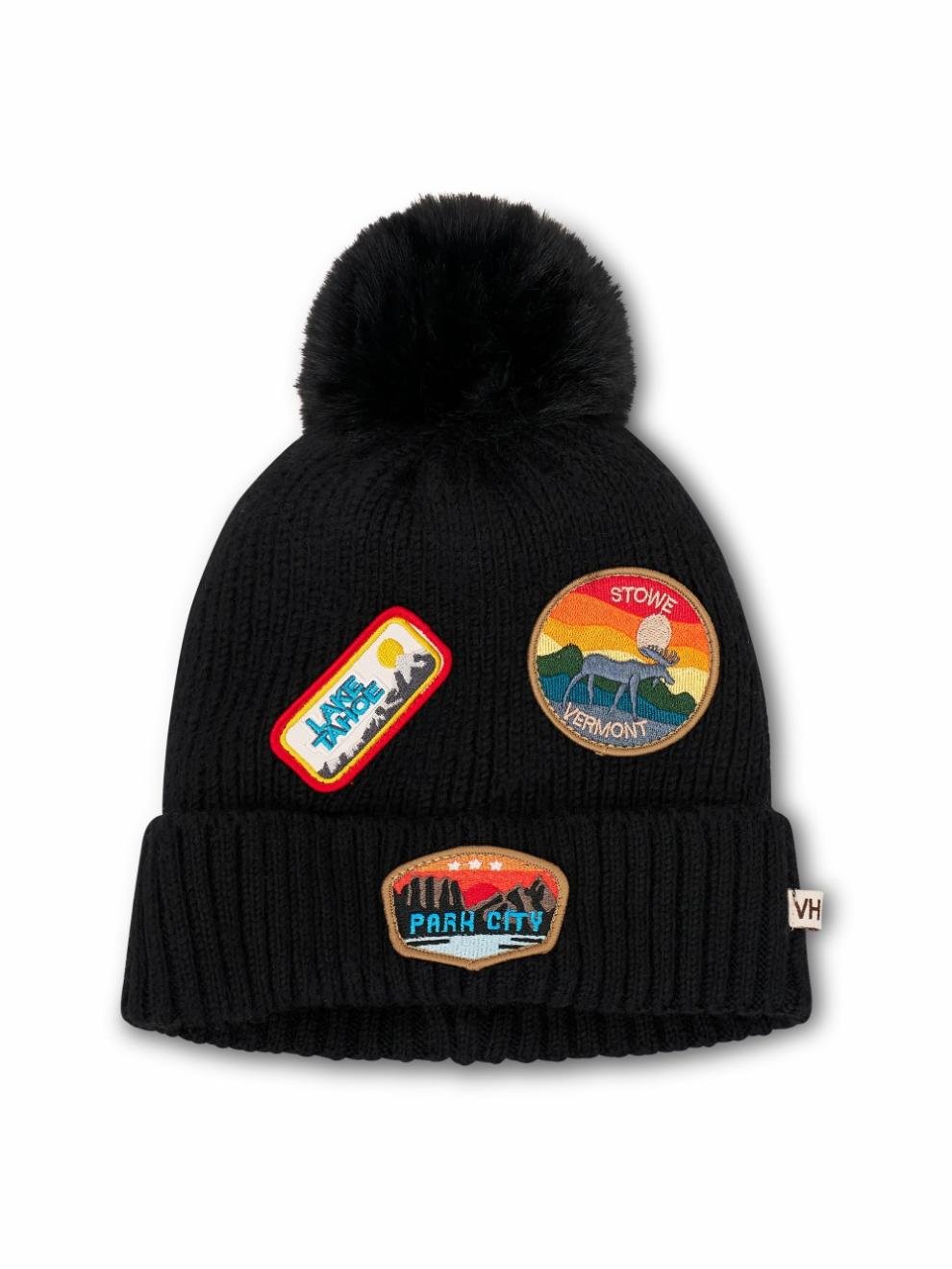 Vintage Havana Winter Hats | Women RIBBED POMPOM BEANIE WITH LAKE TAHOE PATCH - BLACK Black