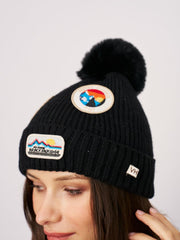 Vintage Havana Winter Hats | Women RIBBED POMPOM BEANIE WITH SWISS ALP PATCH - BLACK Black