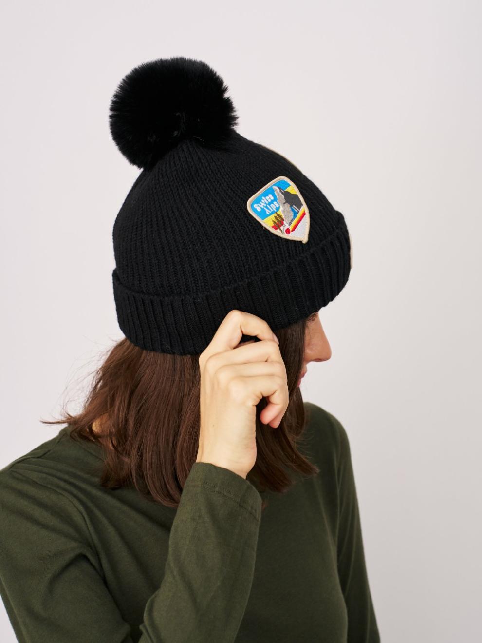 Vintage Havana Winter Hats | Women RIBBED POMPOM BEANIE WITH SWISS ALP PATCH - BLACK Black