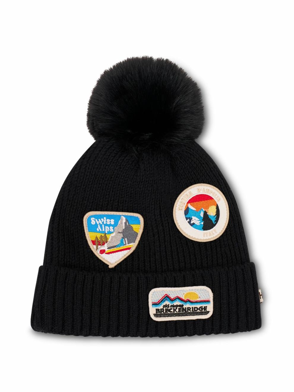 Vintage Havana Winter Hats | Women RIBBED POMPOM BEANIE WITH SWISS ALP PATCH - BLACK Black
