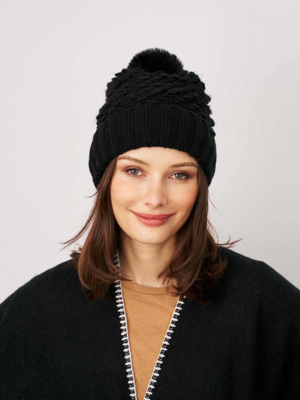 Vintage Havana Winter Hats | Women TURN UP POMPOM HAT - BLACK One Size