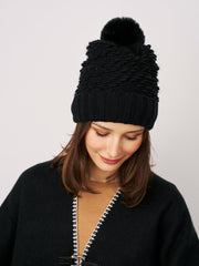 Vintage Havana Winter Hats | Women TURN UP POMPOM HAT - BLACK One Size