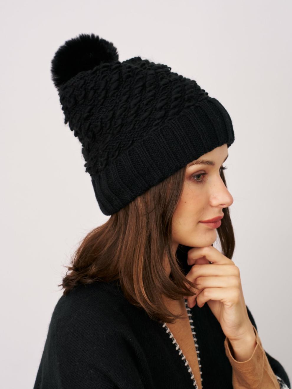 Vintage Havana Winter Hats | Women TURN UP POMPOM HAT - BLACK One Size