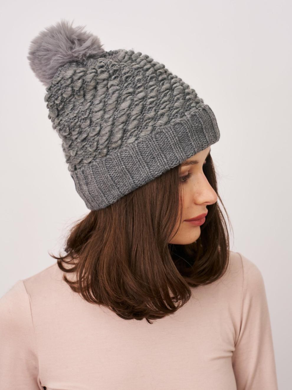 Vintage Havana Winter Hats | Women TURN UP POMPOM HAT - GREY Grey